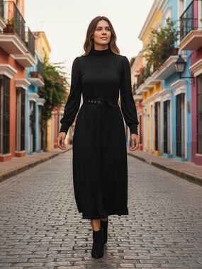 Simply Vera Vera Wang Black Long-Sleeve Midi Dress with Self-Tie Belt